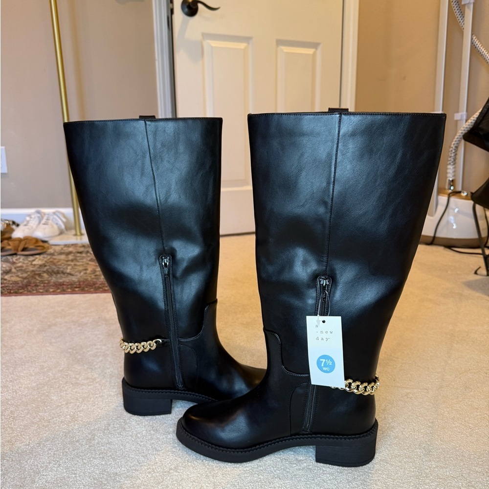 NWT A New Day Bobbi Boots Black Knee High Faux Leather Boots Gold Chain Size 7.5 - Picture 6 of 11